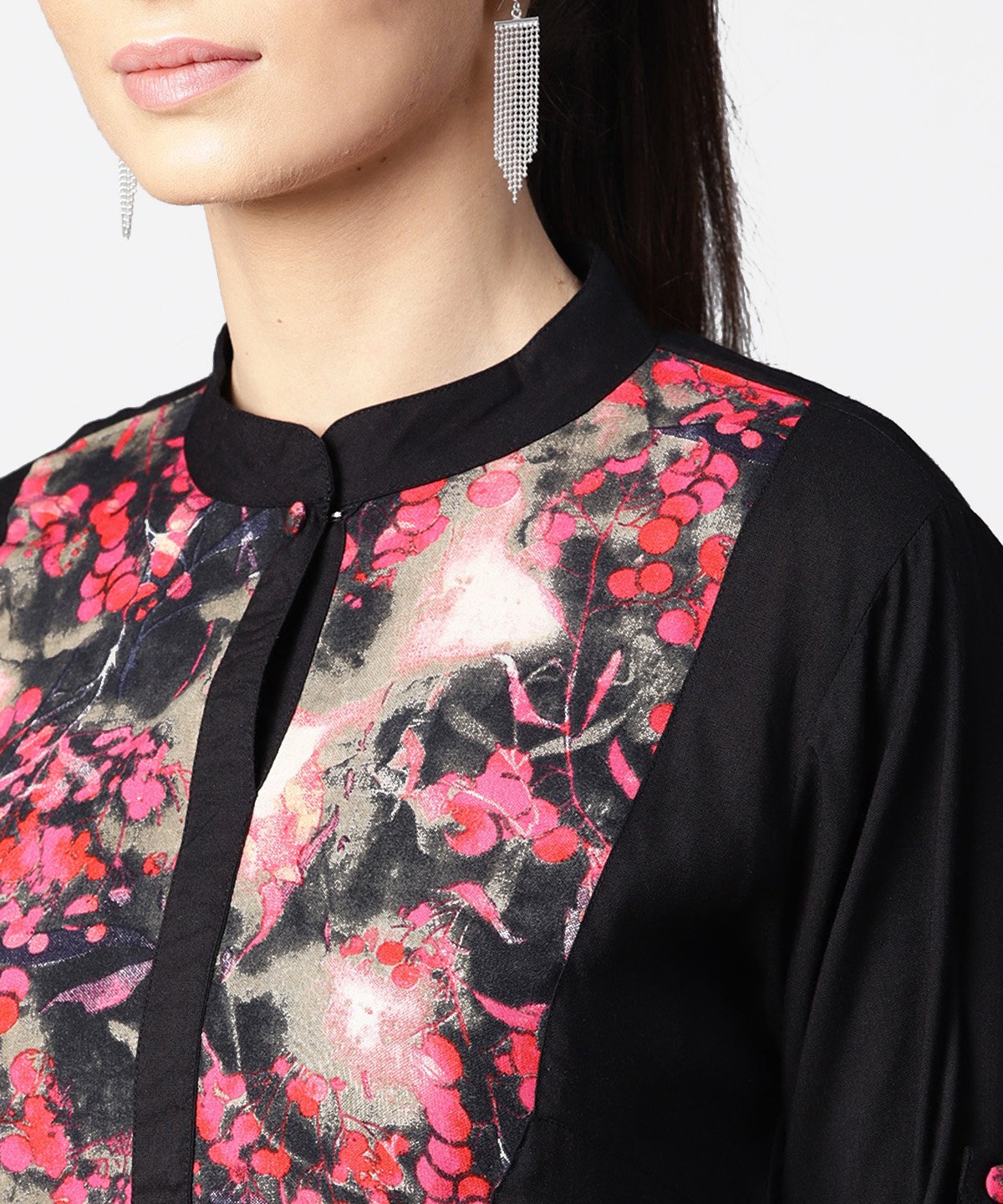 Women's Black Full Sleeve Rayon Tops With Printed Yoke