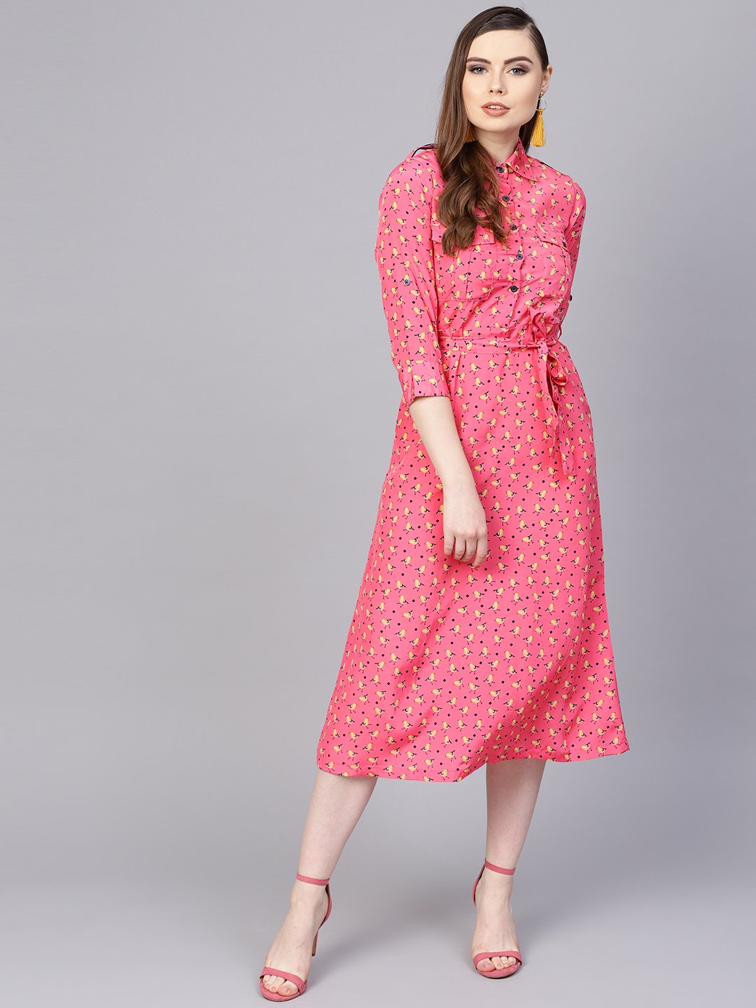 Women's Pink 3/4Th Sleeve A-Line Dress With Belt