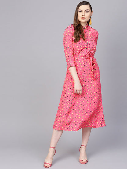 Women's Pink 3/4Th Sleeve A-Line Dress With Belt