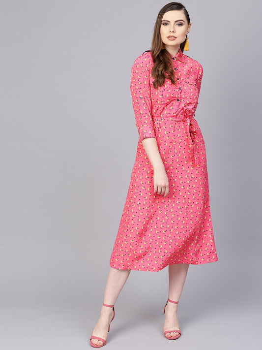 Women's Pink 3/4Th Sleeve A-Line Dress With Belt