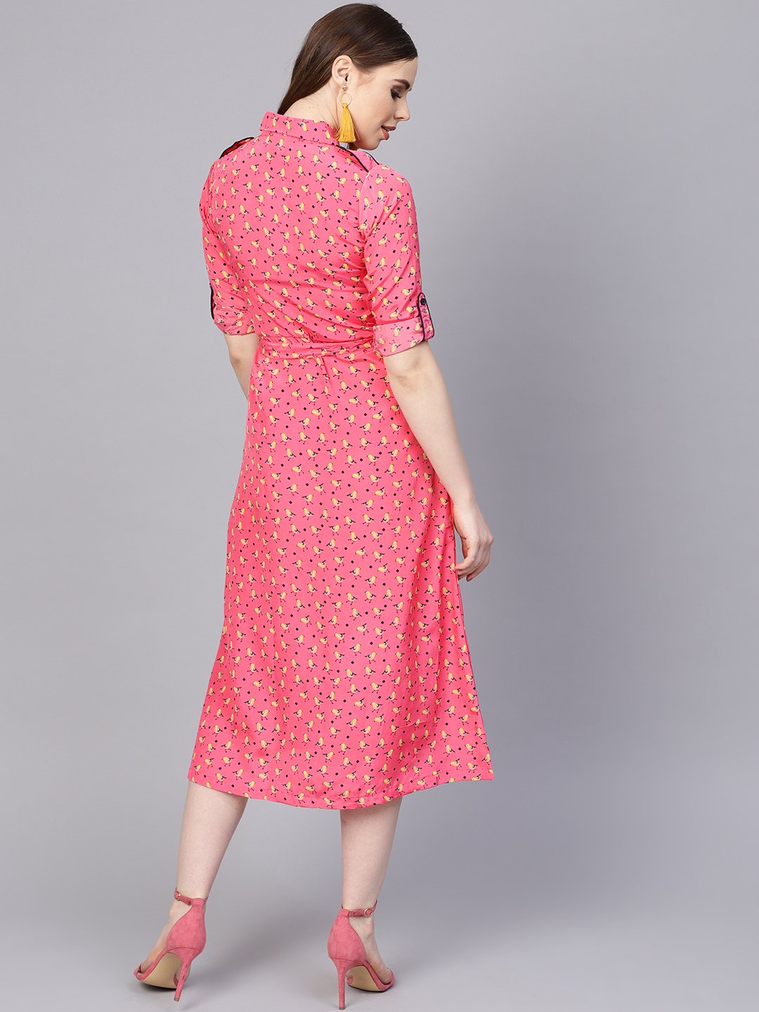 Women's Pink 3/4Th Sleeve A-Line Dress With Belt