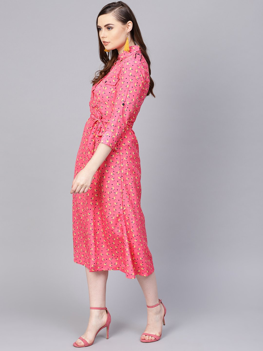 Women's Pink 3/4Th Sleeve A-Line Dress With Belt