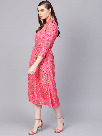 Women's Pink 3/4Th Sleeve A-Line Dress With Belt