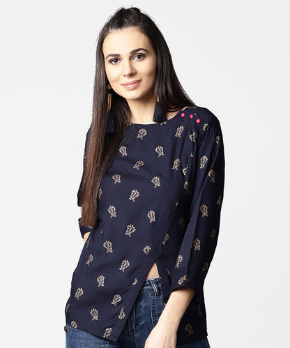 Women's Navy Blue Full Sleeve Rayon Tops With Side Slit
