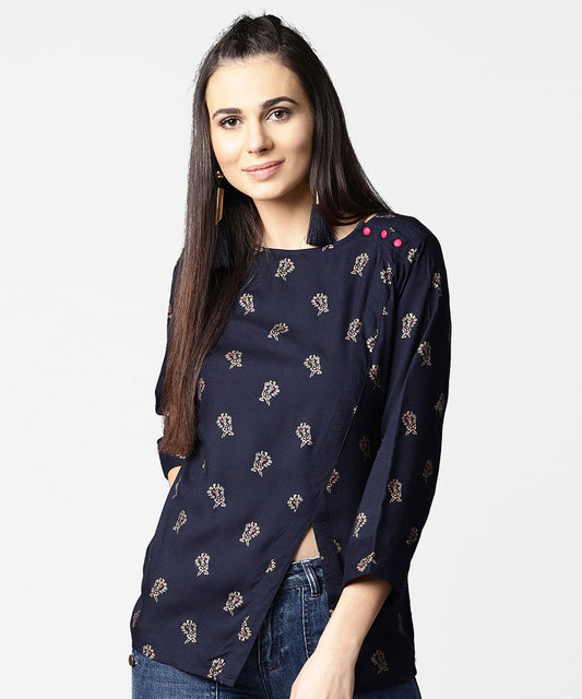 Women's Navy Blue Full Sleeve Rayon Tops With Side Slit