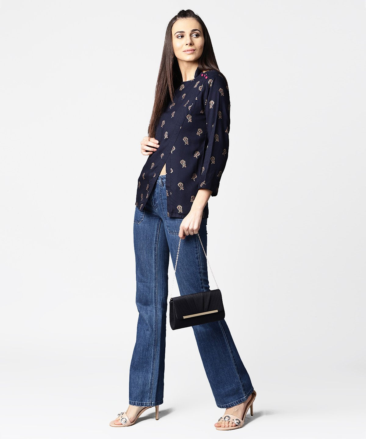 Women's Navy Blue Full Sleeve Rayon Tops With Side Slit
