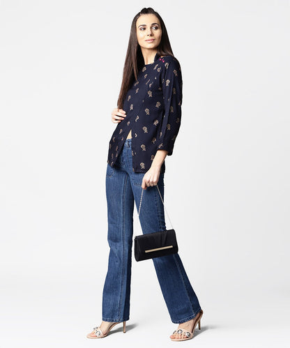 Women's Navy Blue Full Sleeve Rayon Tops With Side Slit