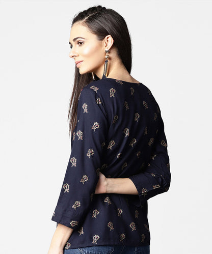 Women's Navy Blue Full Sleeve Rayon Tops With Side Slit