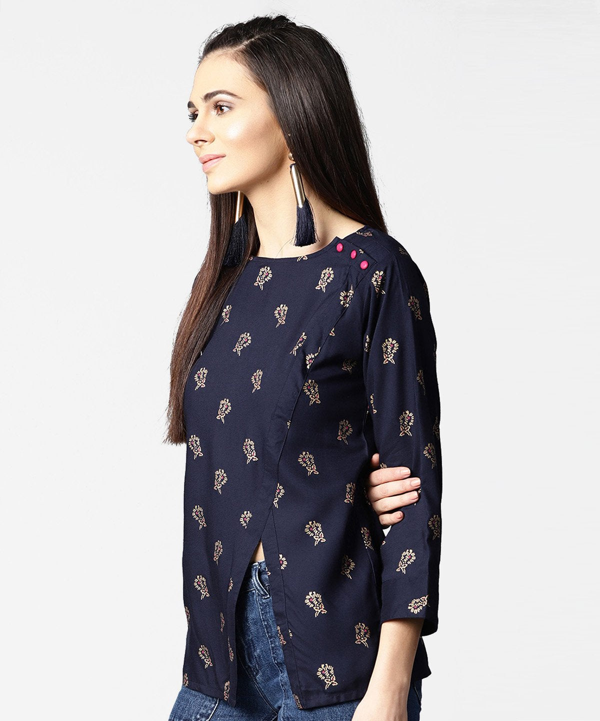 Women's Navy Blue Full Sleeve Rayon Tops With Side Slit