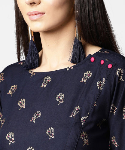 Women's Navy Blue Full Sleeve Rayon Tops With Side Slit