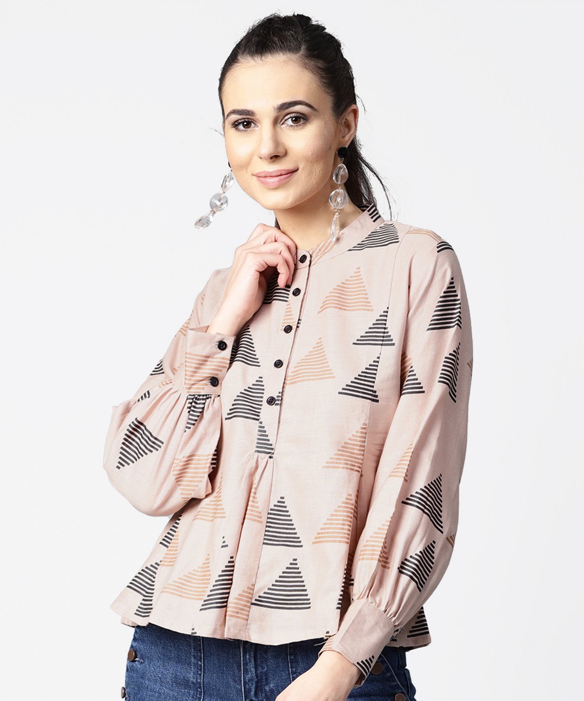 Women's Beige Full Sleeve Tops With Button At Yoke