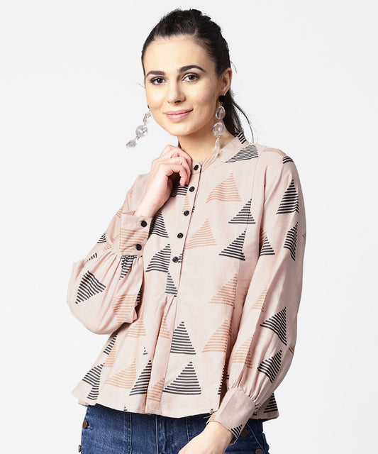 Women's Beige Full Sleeve Tops With Button At Yoke