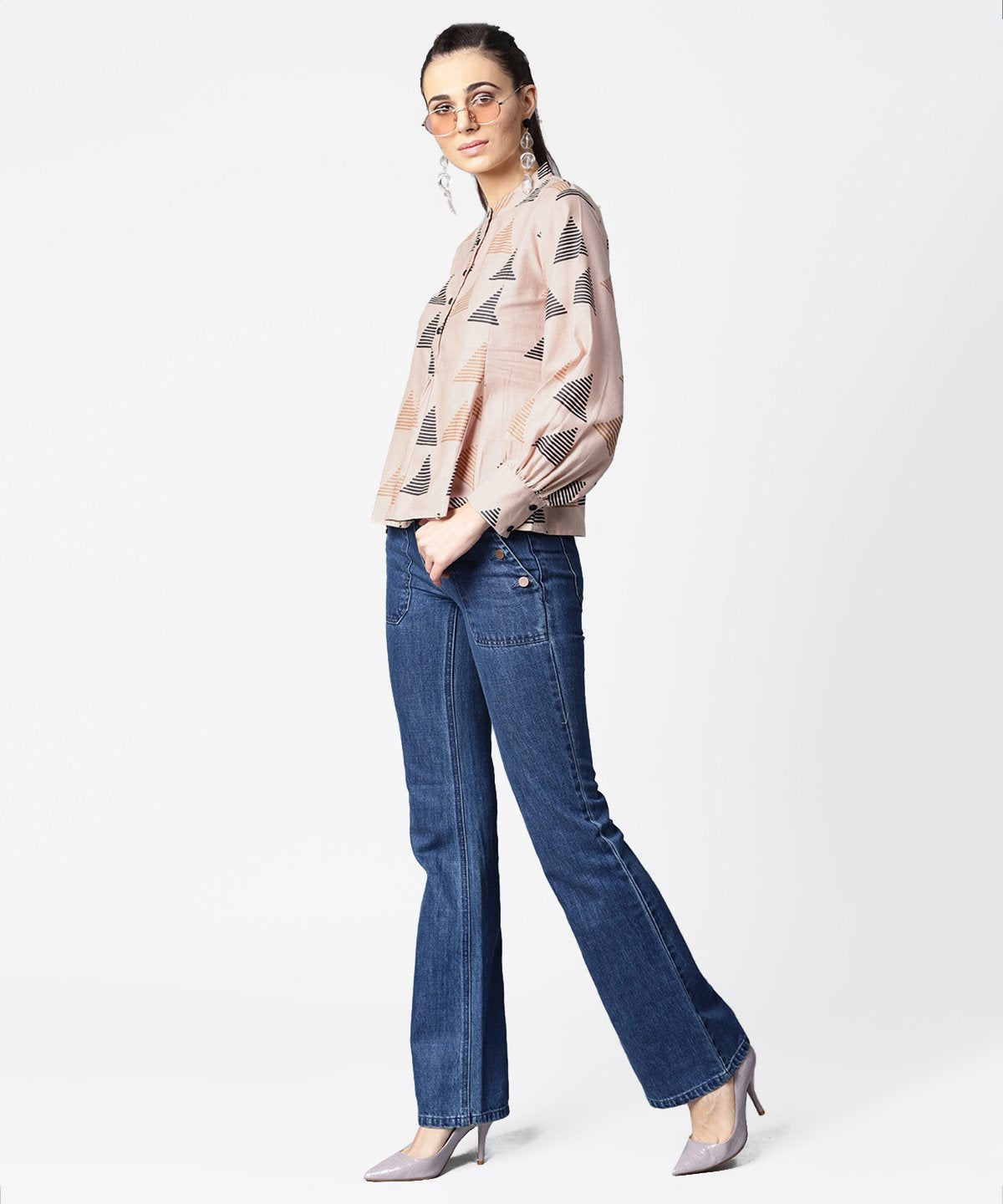 Women's Beige Full Sleeve Tops With Button At Yoke