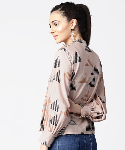 Women's Beige Full Sleeve Tops With Button At Yoke