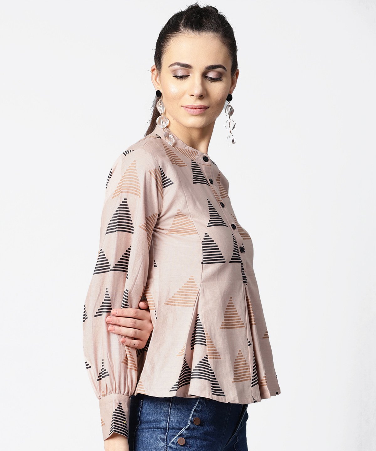 Women's Beige Full Sleeve Tops With Button At Yoke