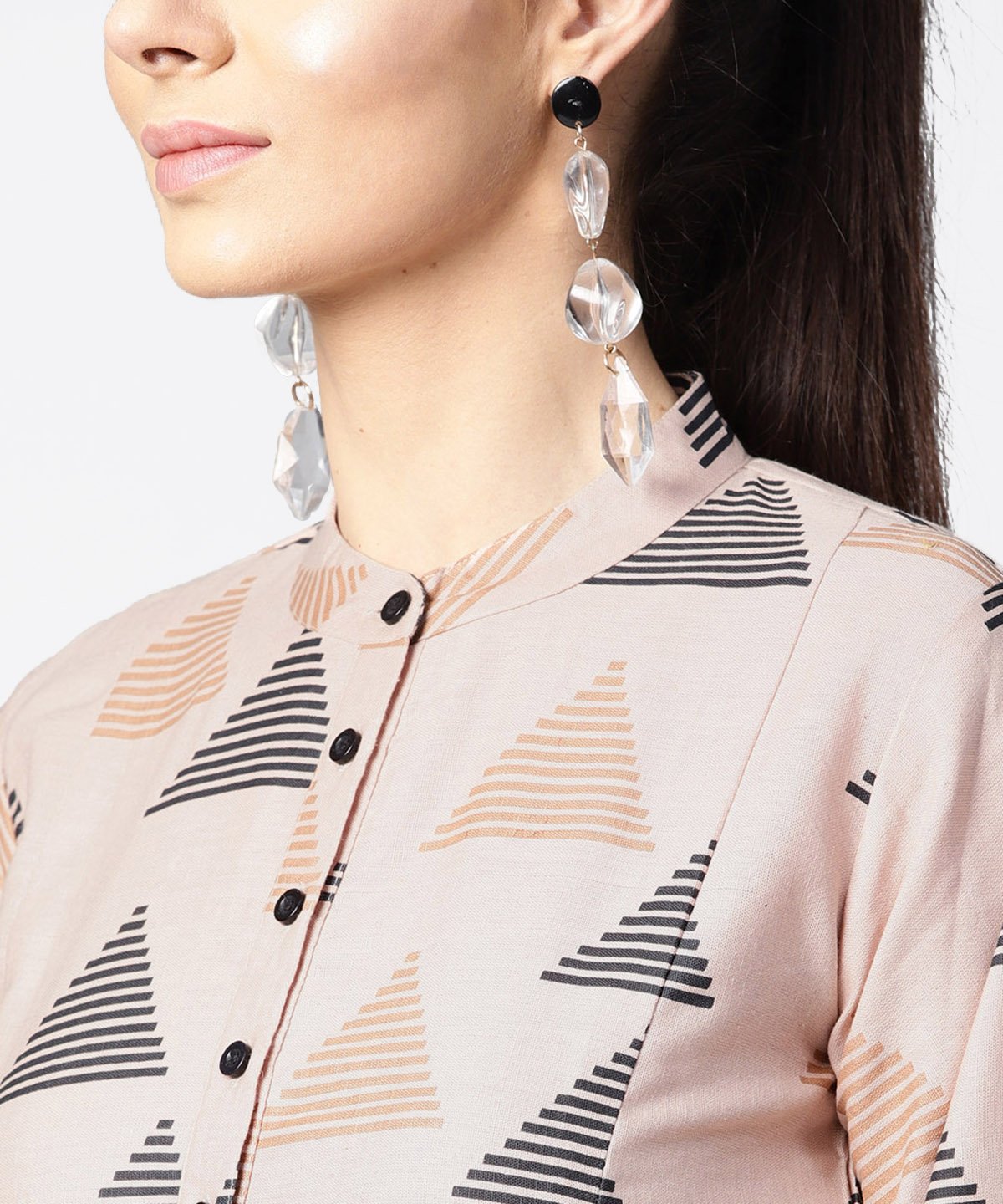 Women's Beige Full Sleeve Tops With Button At Yoke