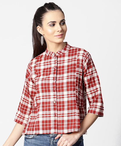 Women's Red Checked 3/4Th Sleeve Cotton Crop Tops