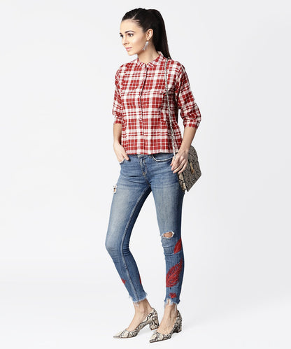 Women's Red Checked 3/4Th Sleeve Cotton Crop Tops