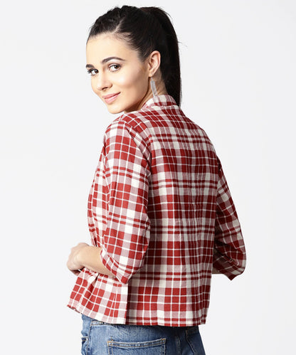 Women's Red Checked 3/4Th Sleeve Cotton Crop Tops