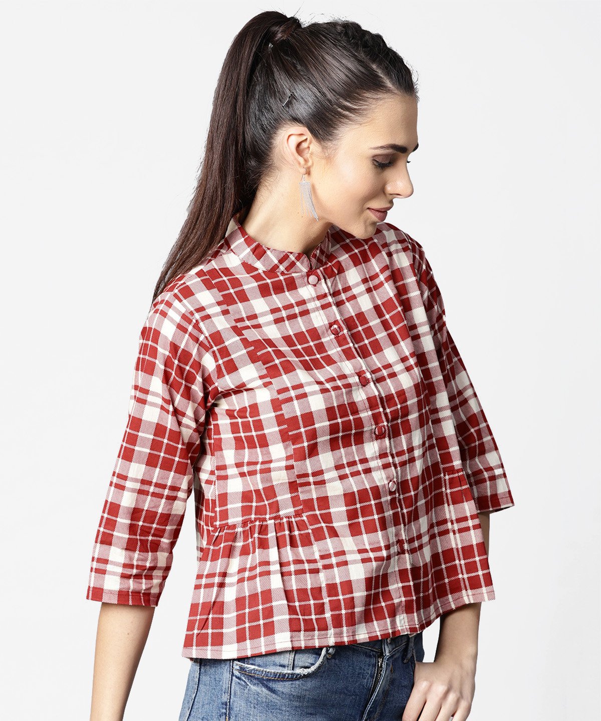 Women's Red Checked 3/4Th Sleeve Cotton Crop Tops