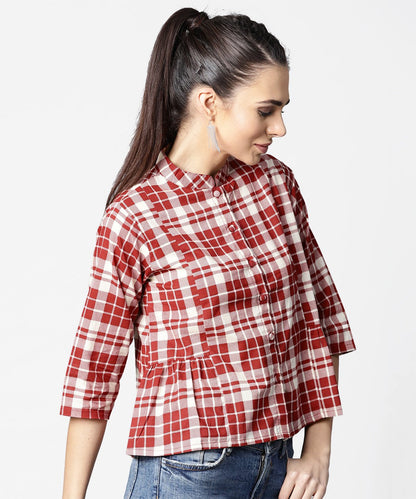 Women's Red Checked 3/4Th Sleeve Cotton Crop Tops