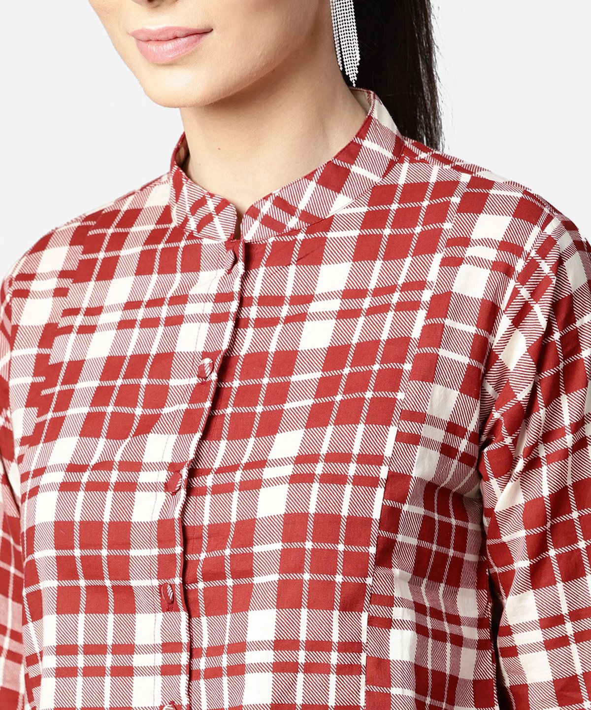 Women's Red Checked 3/4Th Sleeve Cotton Crop Tops