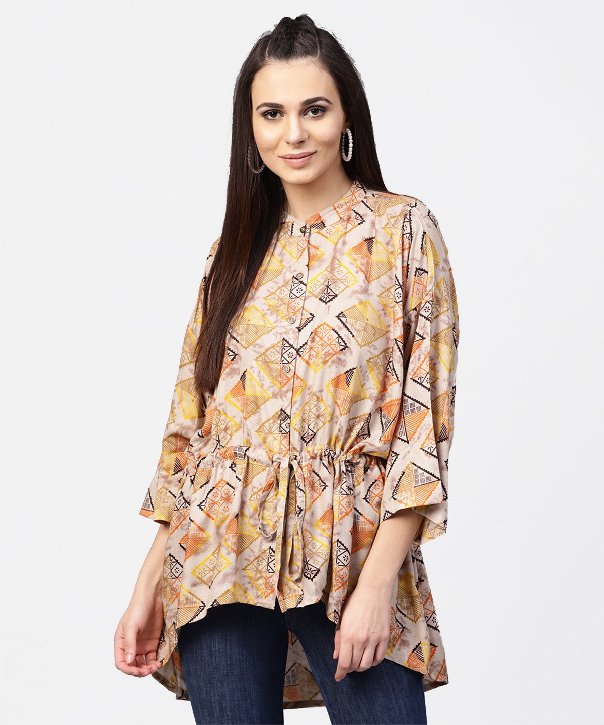 Women's Beige Printed Short Flared Sleeve Rayon Tunic