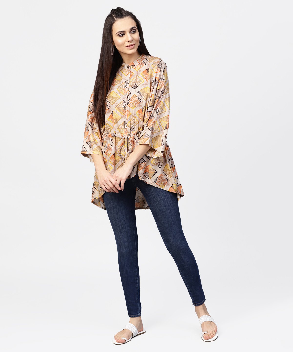 Women's Beige Printed Short Flared Sleeve Rayon Tunic