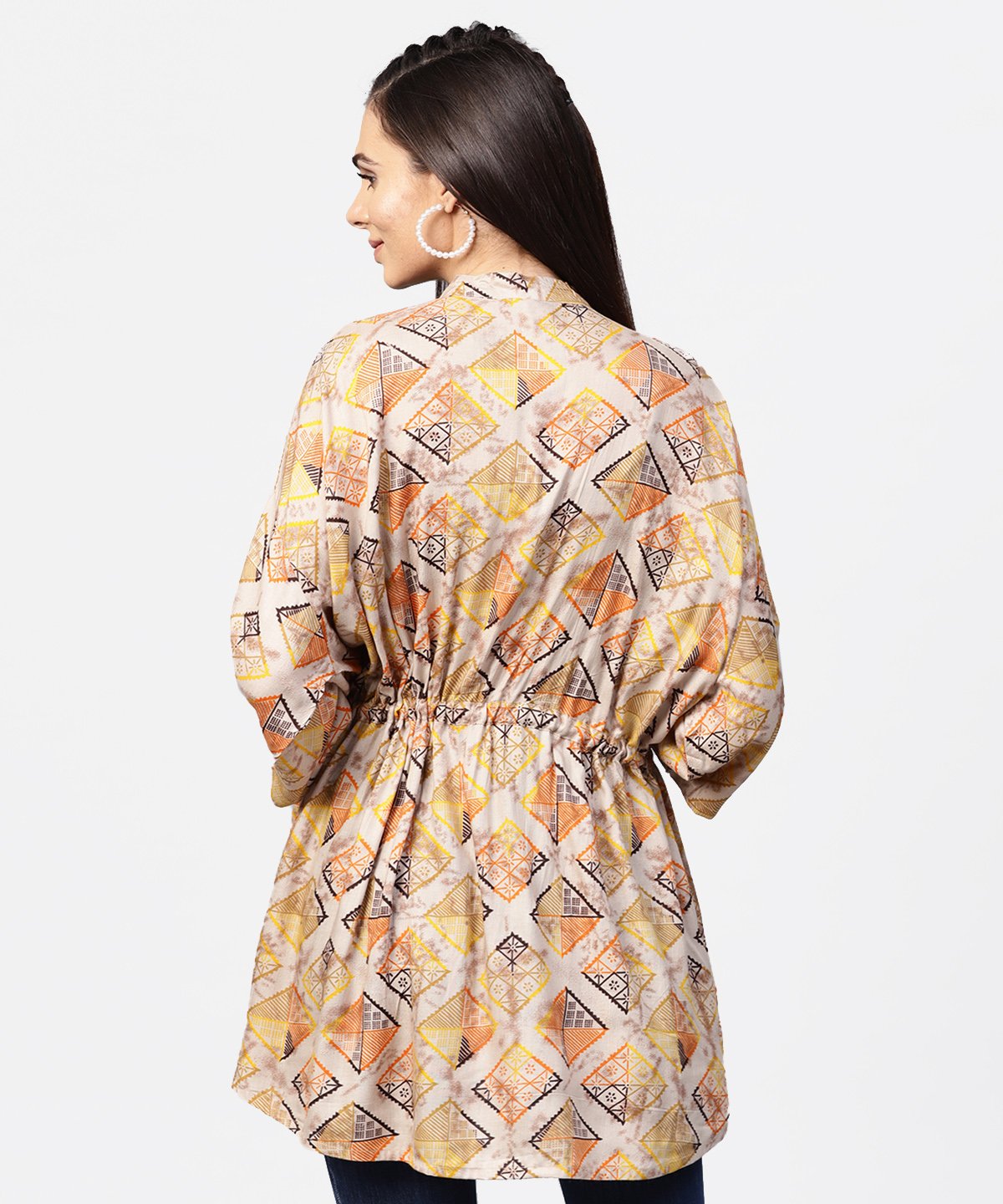 Women's Beige Printed Short Flared Sleeve Rayon Tunic
