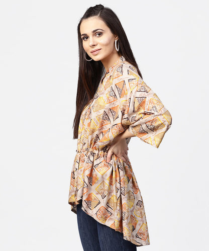 Women's Beige Printed Short Flared Sleeve Rayon Tunic