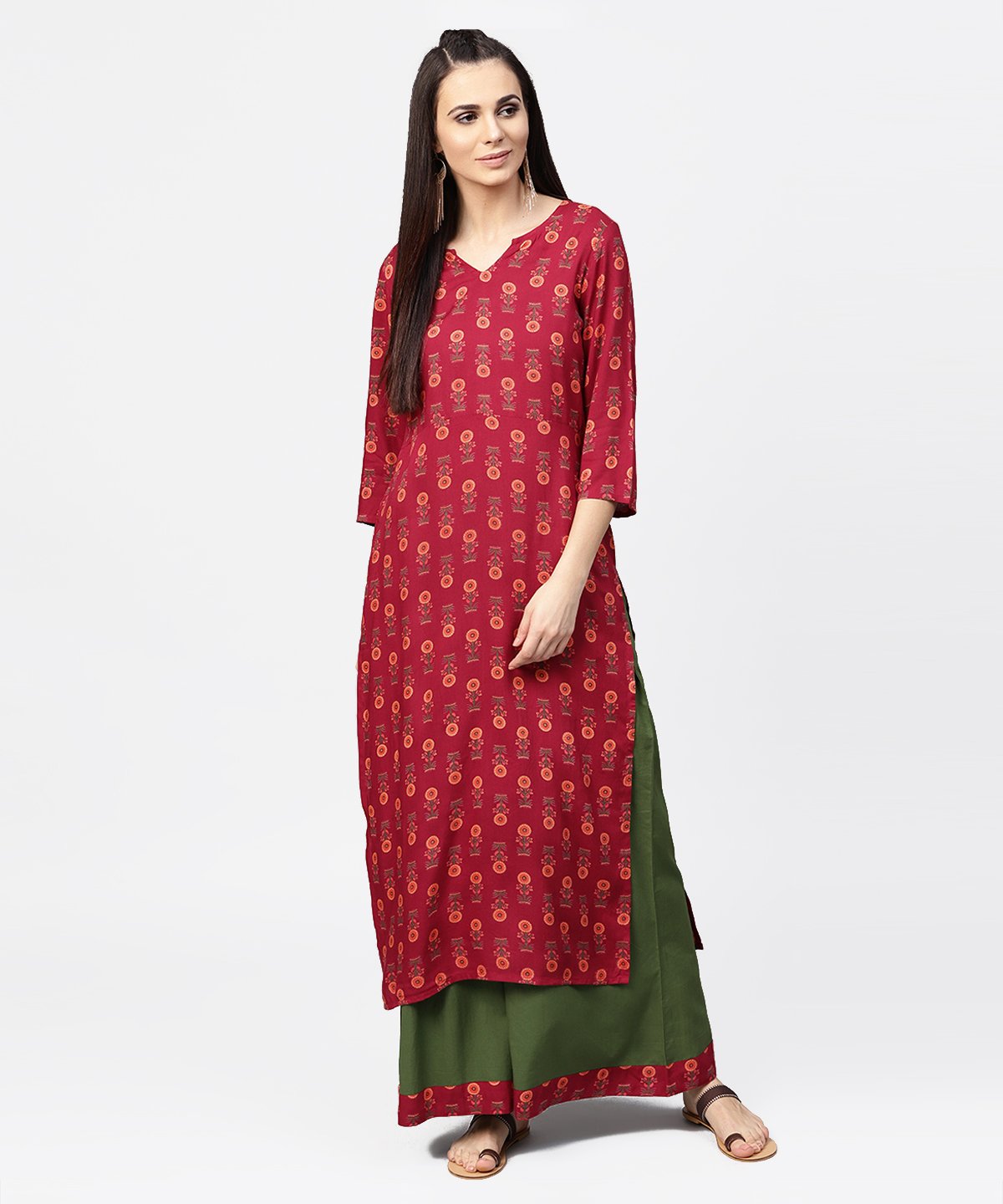 Women's Maroon Printed 3/4Th Sleeve Cotton Kurta With Green Ankle Length Palazzo