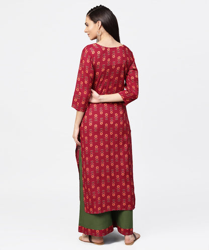 Women's Maroon Printed 3/4Th Sleeve Cotton Kurta With Green Ankle Length Palazzo