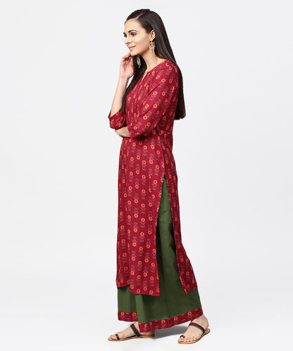 Women's Maroon Printed 3/4Th Sleeve Cotton Kurta With Green Ankle Length Palazzo