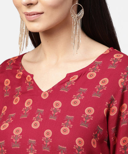 Women's Maroon Printed 3/4Th Sleeve Cotton Kurta With Green Ankle Length Palazzo