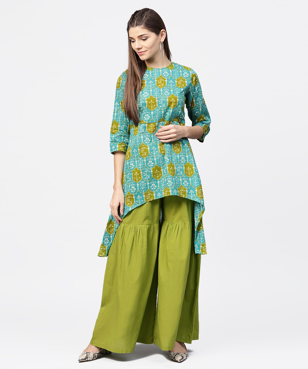 Women's Green Printed 3/4Th Sleeve Cotton High Low Kurta With Green Sharara