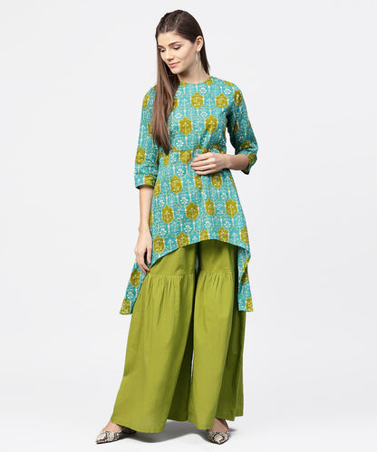 Women's Green Printed 3/4Th Sleeve Cotton High Low Kurta With Green Sharara