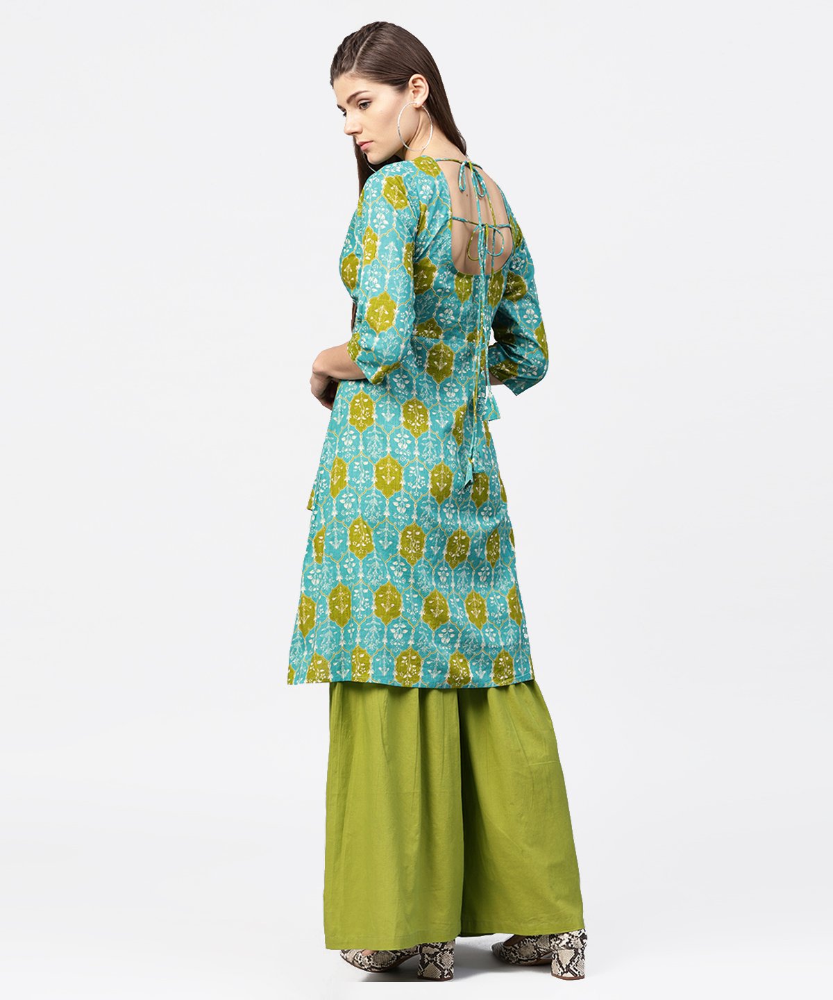 Women's Green Printed 3/4Th Sleeve Cotton High Low Kurta With Green Sharara