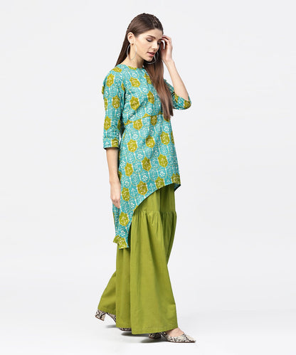 Women's Green Printed 3/4Th Sleeve Cotton High Low Kurta With Green Sharara