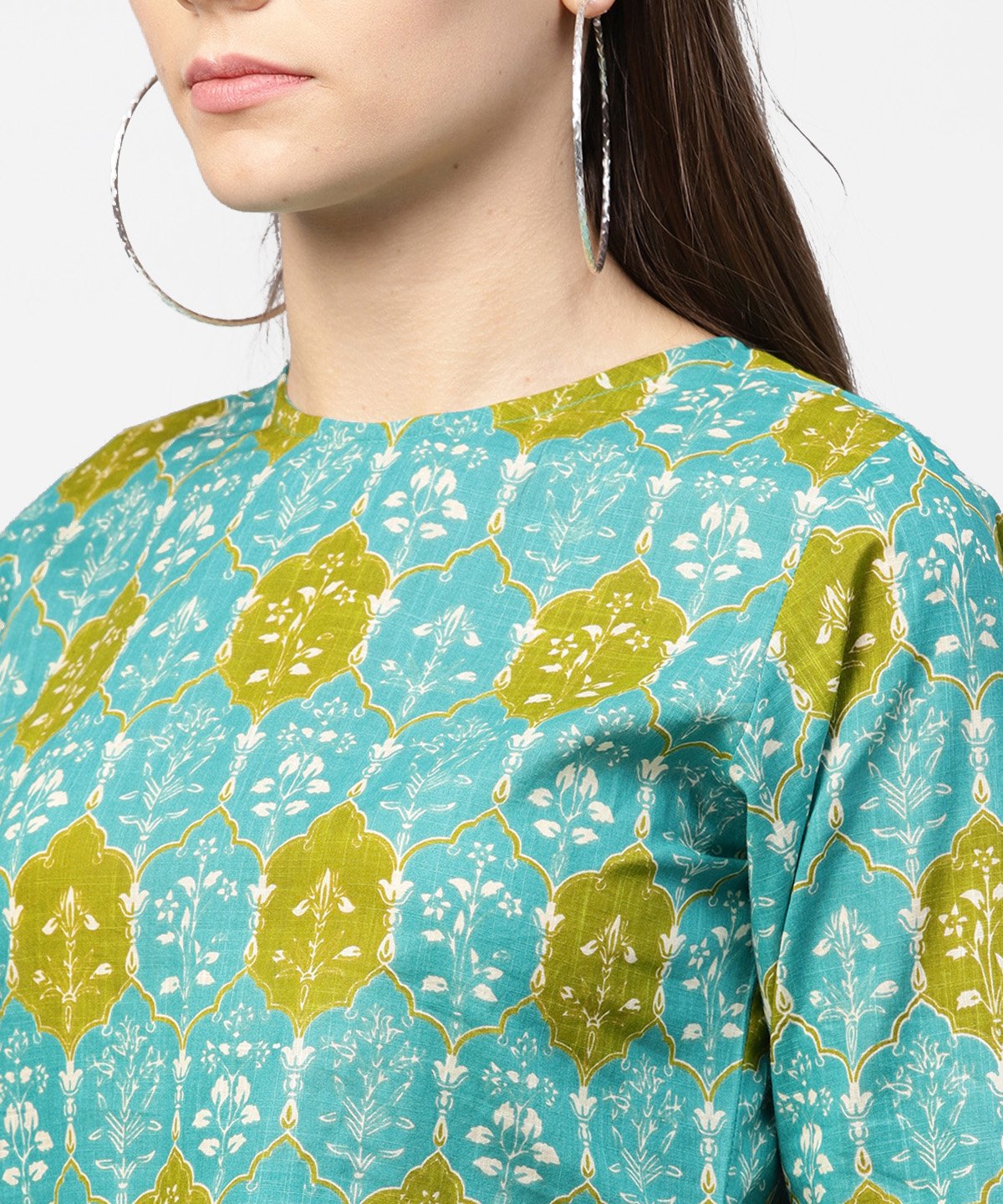 Women's Green Printed 3/4Th Sleeve Cotton High Low Kurta With Green Sharara