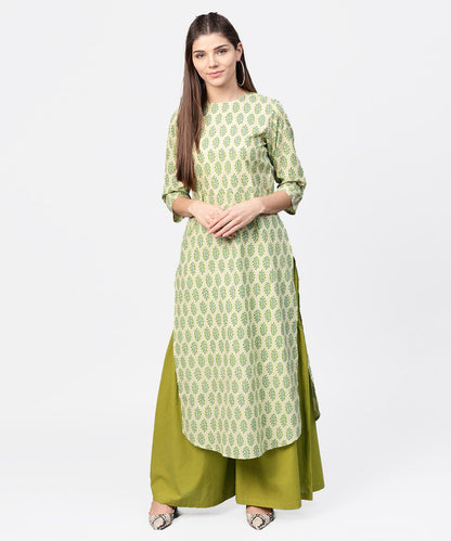 Women's Green Printed 3/4Th Sleeve Cotton Straight Long Kurta