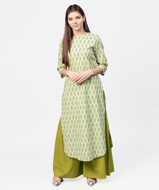 Women's Green Printed 3/4Th Sleeve Cotton Straight Long Kurta
