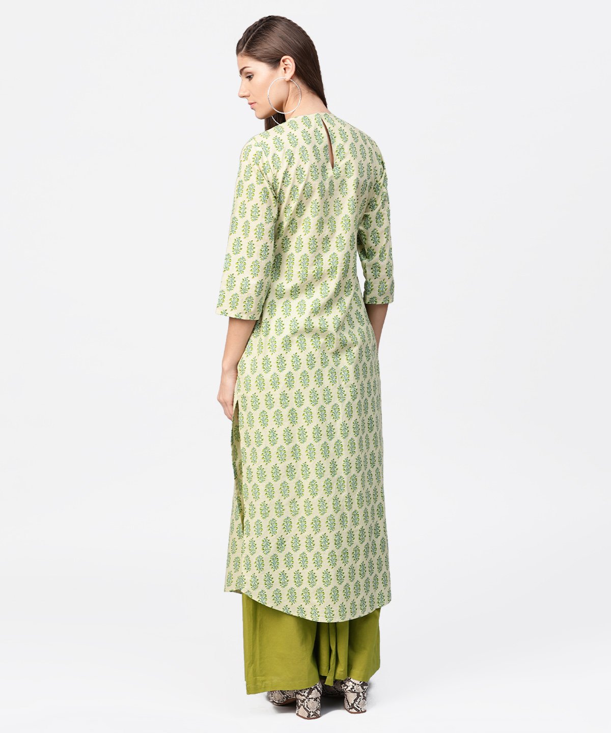 Women's Green Printed 3/4Th Sleeve Cotton Straight Long Kurta