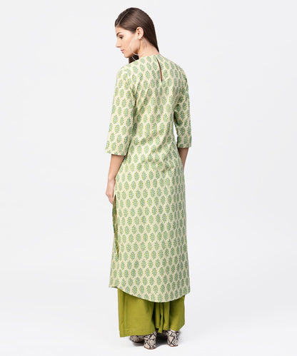 Women's Green Printed 3/4Th Sleeve Cotton Straight Long Kurta