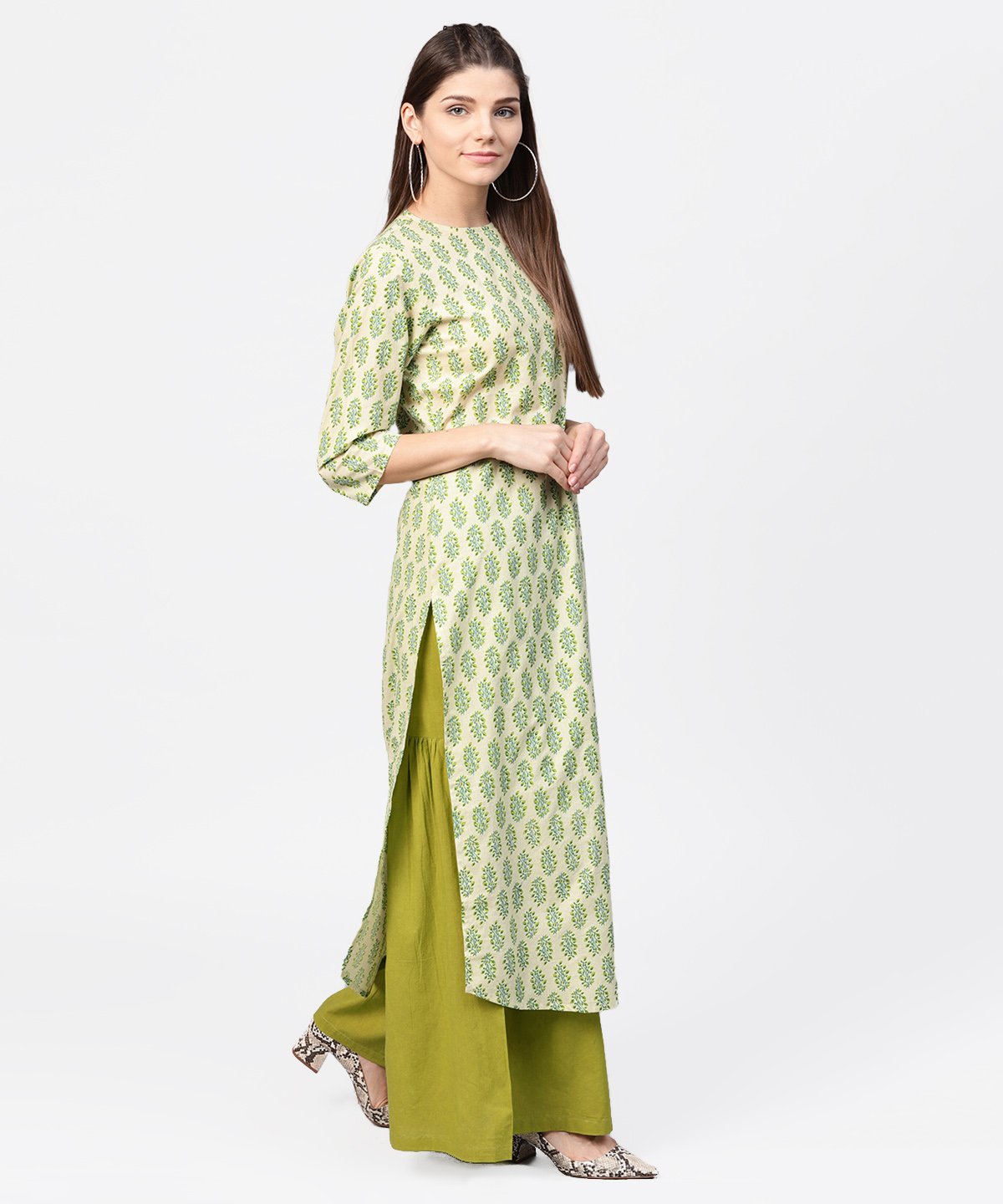 Women's Green Printed 3/4Th Sleeve Cotton Straight Long Kurta