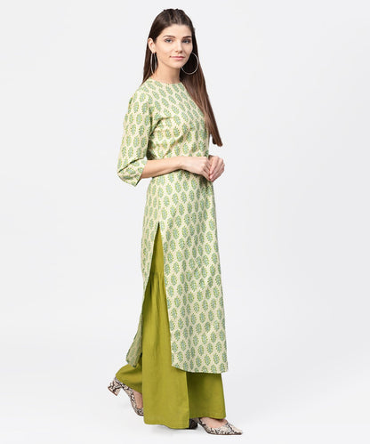 Women's Green Printed 3/4Th Sleeve Cotton Straight Long Kurta