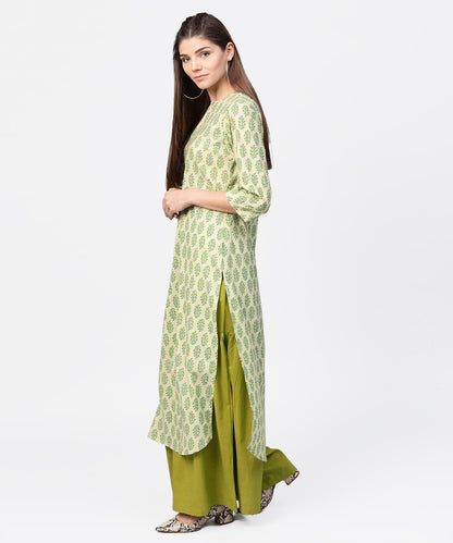 Women's Green Printed 3/4Th Sleeve Cotton Straight Long Kurta