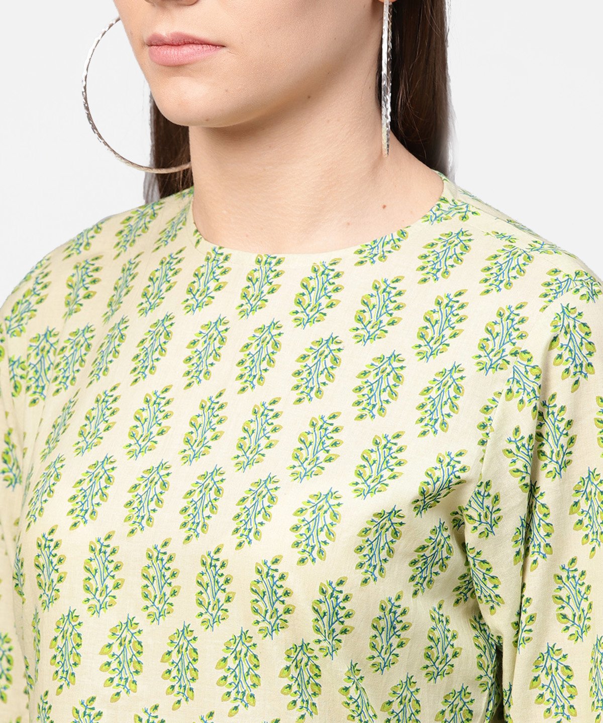 Women's Green Printed 3/4Th Sleeve Cotton Straight Long Kurta