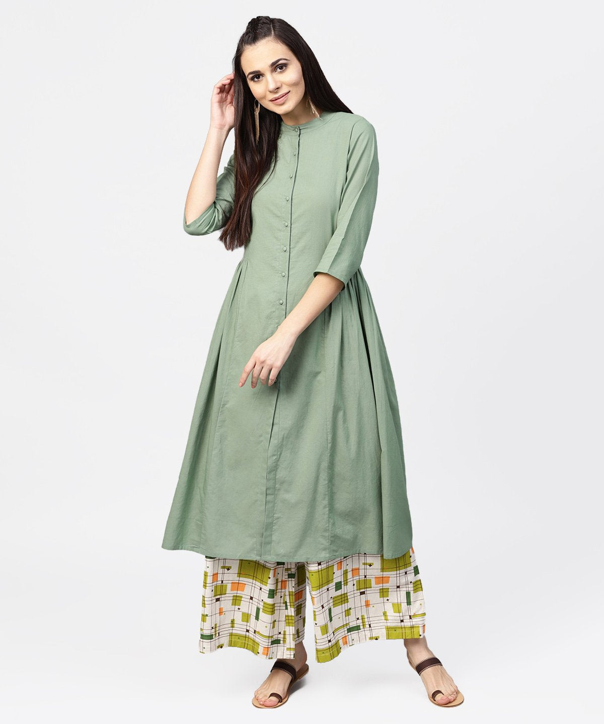 Women's Dark Green Solid 3/4Th Sleeve Cotton A-Line Kurta