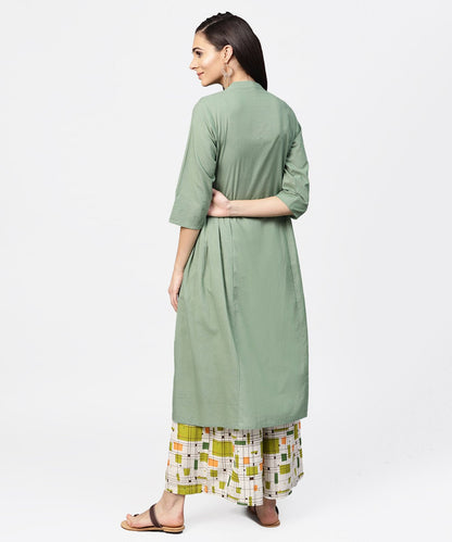 Women's Dark Green Solid 3/4Th Sleeve Cotton A-Line Kurta