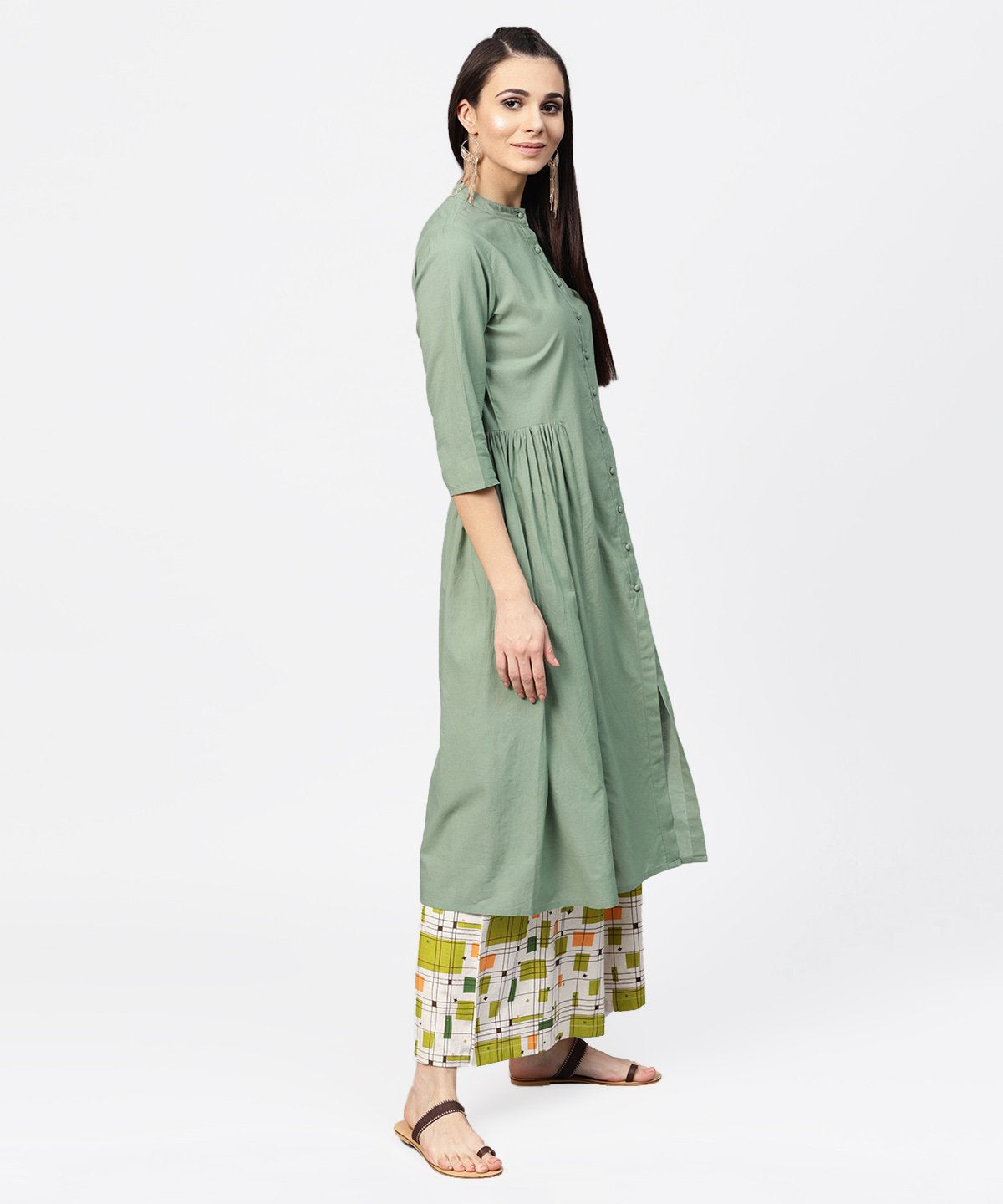 Women's Dark Green Solid 3/4Th Sleeve Cotton A-Line Kurta